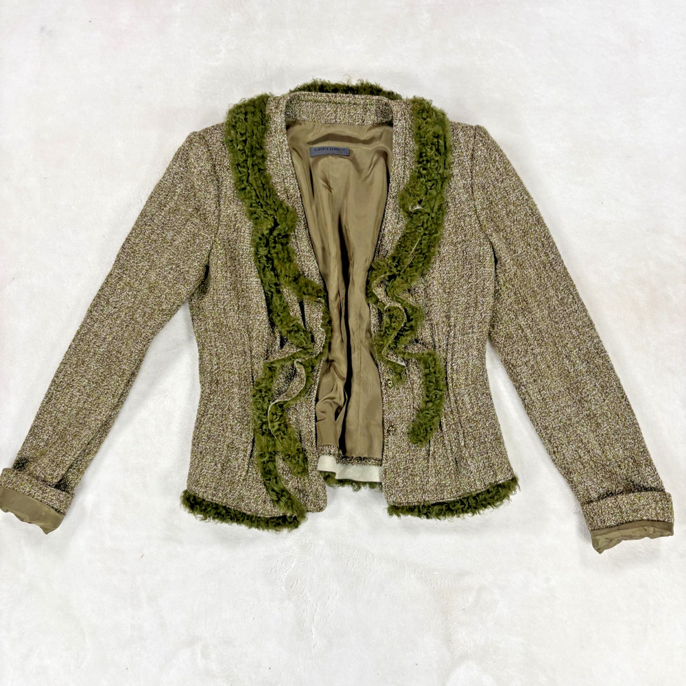 Alberta Ferretti Womens Cropped Tweed Jacket Olive Green Faux Fur Trim